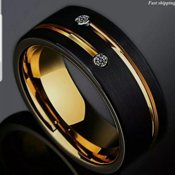 8mm Black Brushed Tungsten Ring Gold Grooved Line - Picture 2 of 7